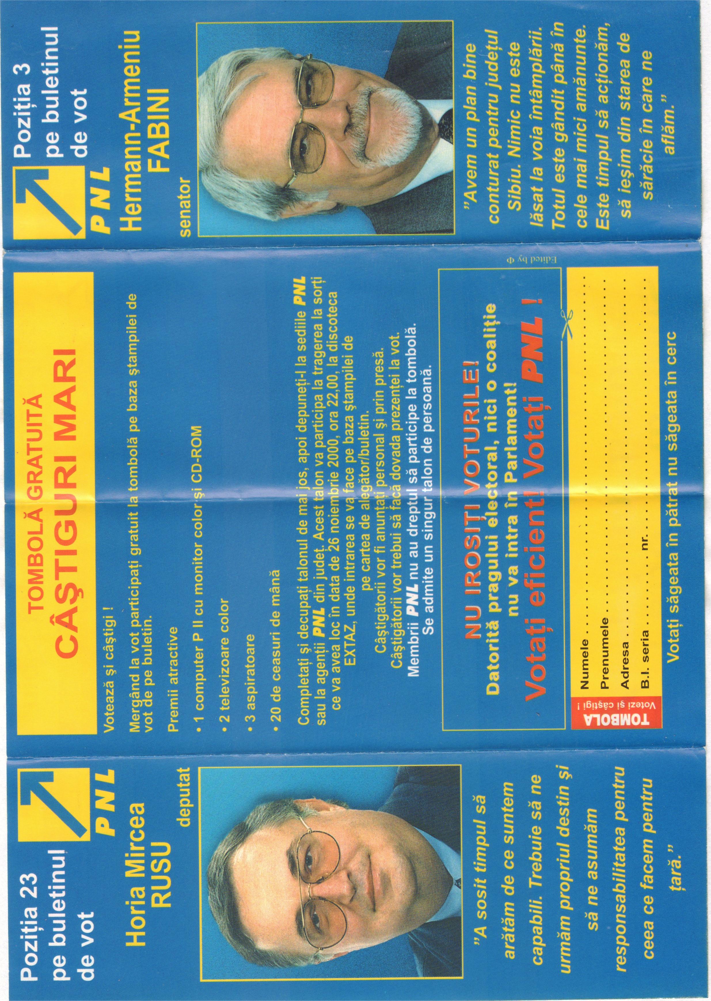 Electoral leaflet - Hermann-Armeniu Fabini, senator; Horia Mircea Rusu, deputy (PNL)